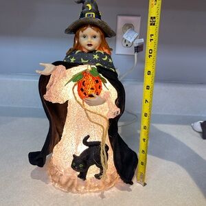 Spun Acrylic Halloween Witch Figurine with Black Cat and Pumpkin